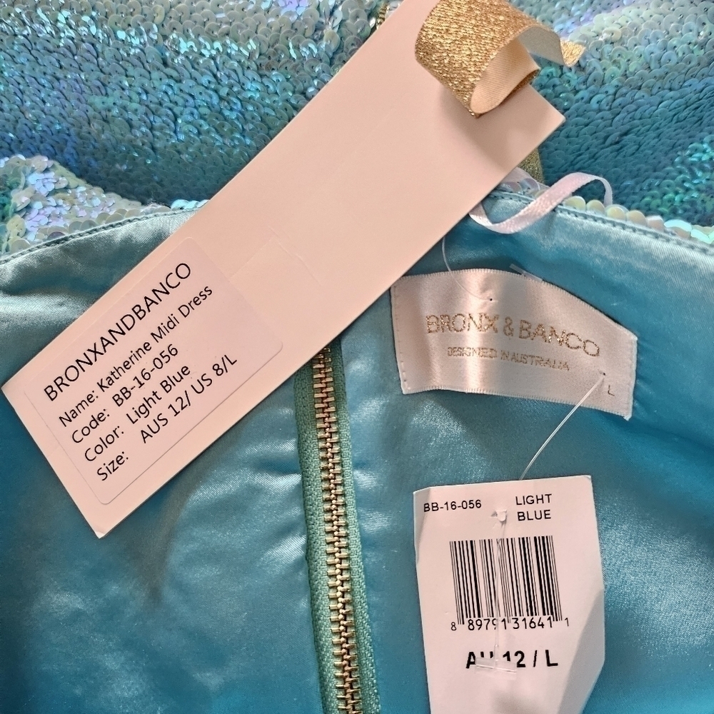 New Bronx And Banco Pleated Sequin Sweetheart Turquoise Midi Dress Large/8 US - Picture 14 of 15